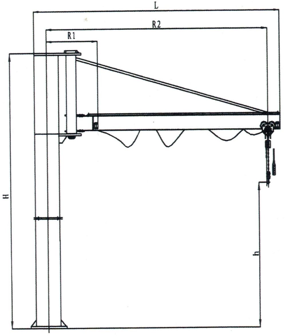 BZN型內(nèi)掛式旋臂起重機(jī)外形尺寸圖