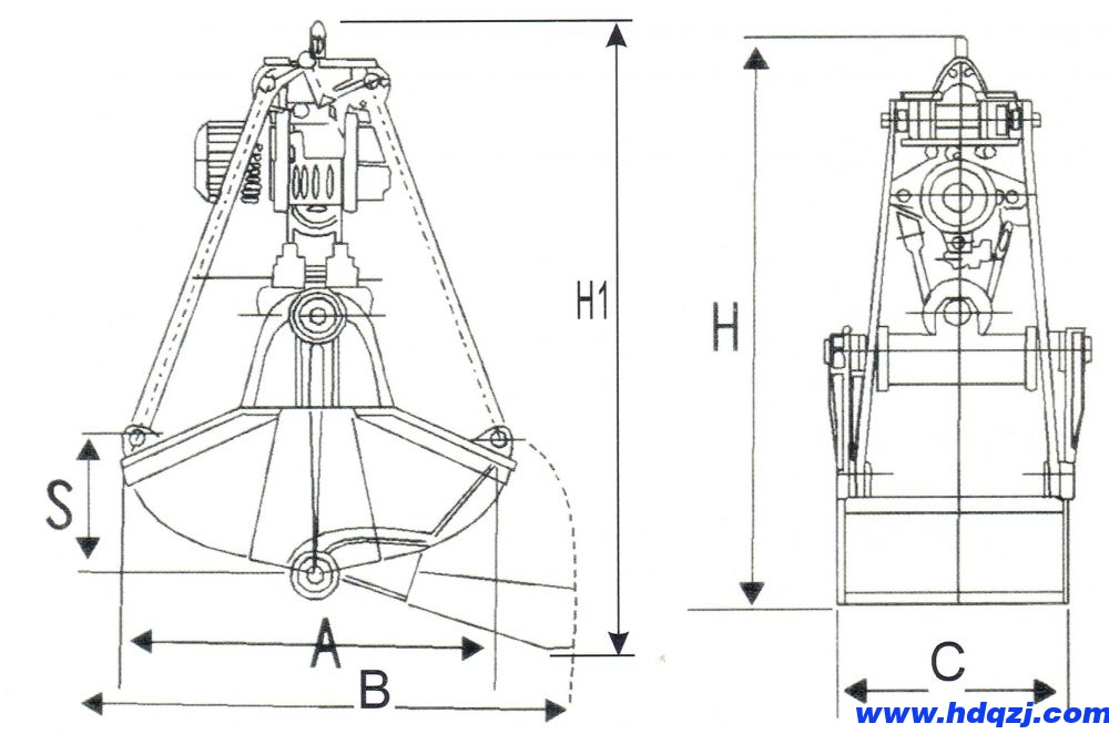 D型電動(dòng)馬達(dá)抓斗外形結(jié)構(gòu)示意圖